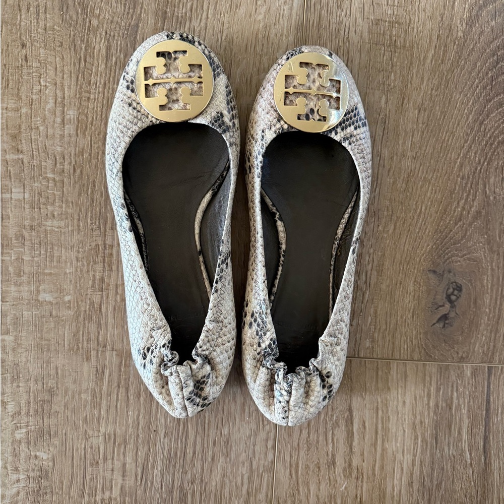 Tory Burch Snake Print Ballet Flats - Gold and Cream